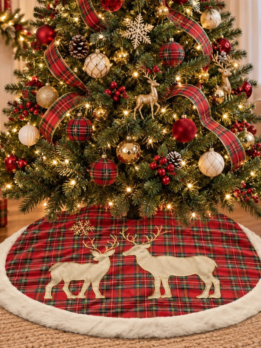 Christmas Tree Skirt Tartan Plaid Red Deer Snowflake Satin Lined Fur Trim 56”